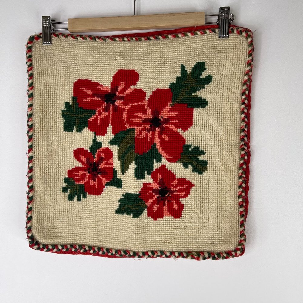 Handmade Cross Stitch Red Floral Cushion Cover Decorative Throw Pillow Cover